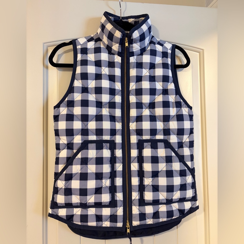 J. Crew Navy and White Gingham Down Vest- Size XXS